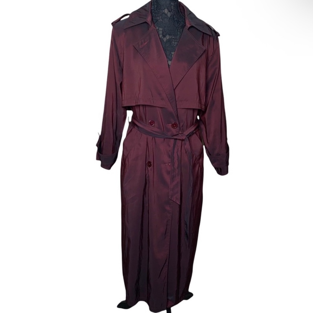 Forrani Elegant Burgundy Shimmer Trench Coat Size Large